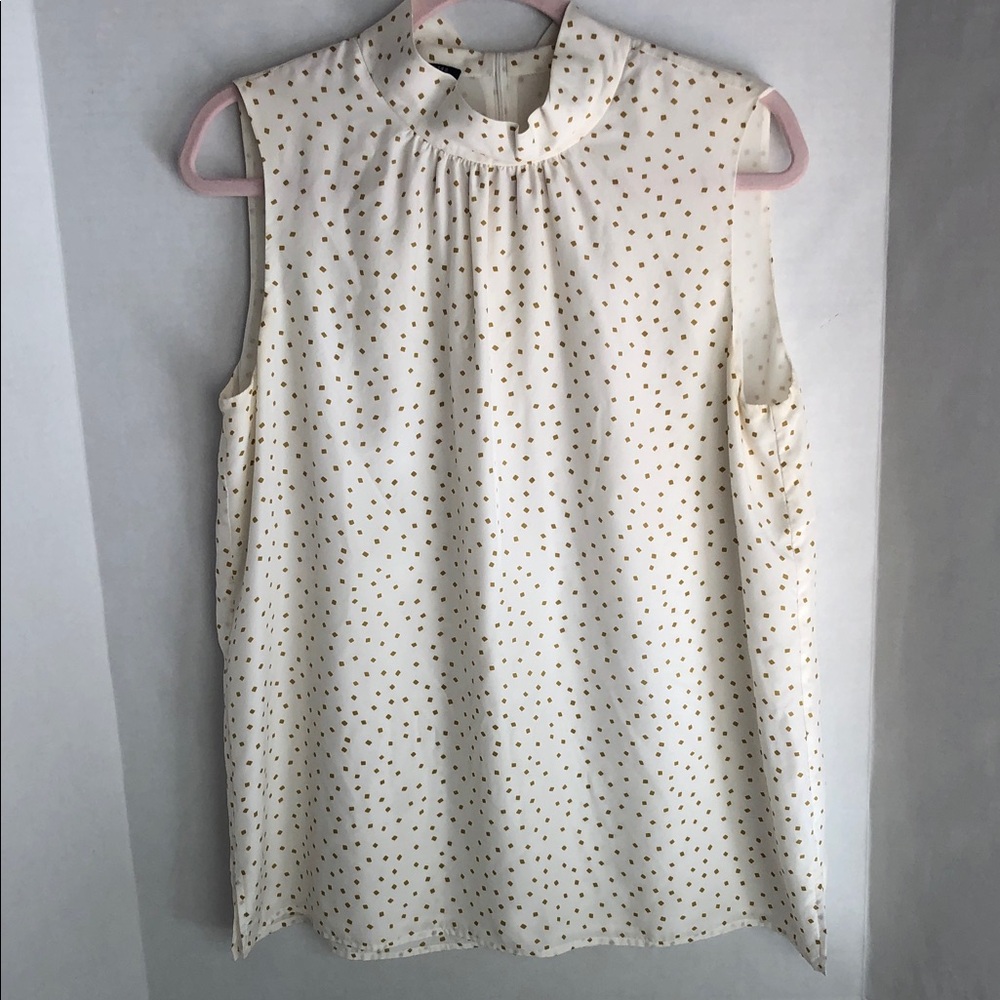 LAFAYETTE 148 NY Silk Sleeveless Mock neck Dotted Blouse, White with Gold, Large